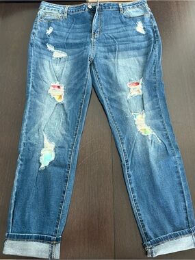 Women’s Distressed Med Wash Cuffed Hem Skinny Jeans Tie Dye Patched Detail XL